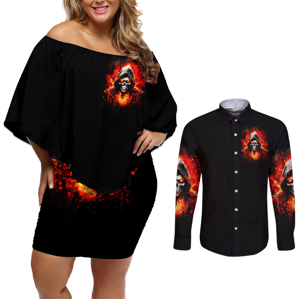 Flame Skull Couples Matching Off Shoulder Short Dress and Long Sleeve Button Shirt Hello Darkness My Old Friend - Wonder Print Shop