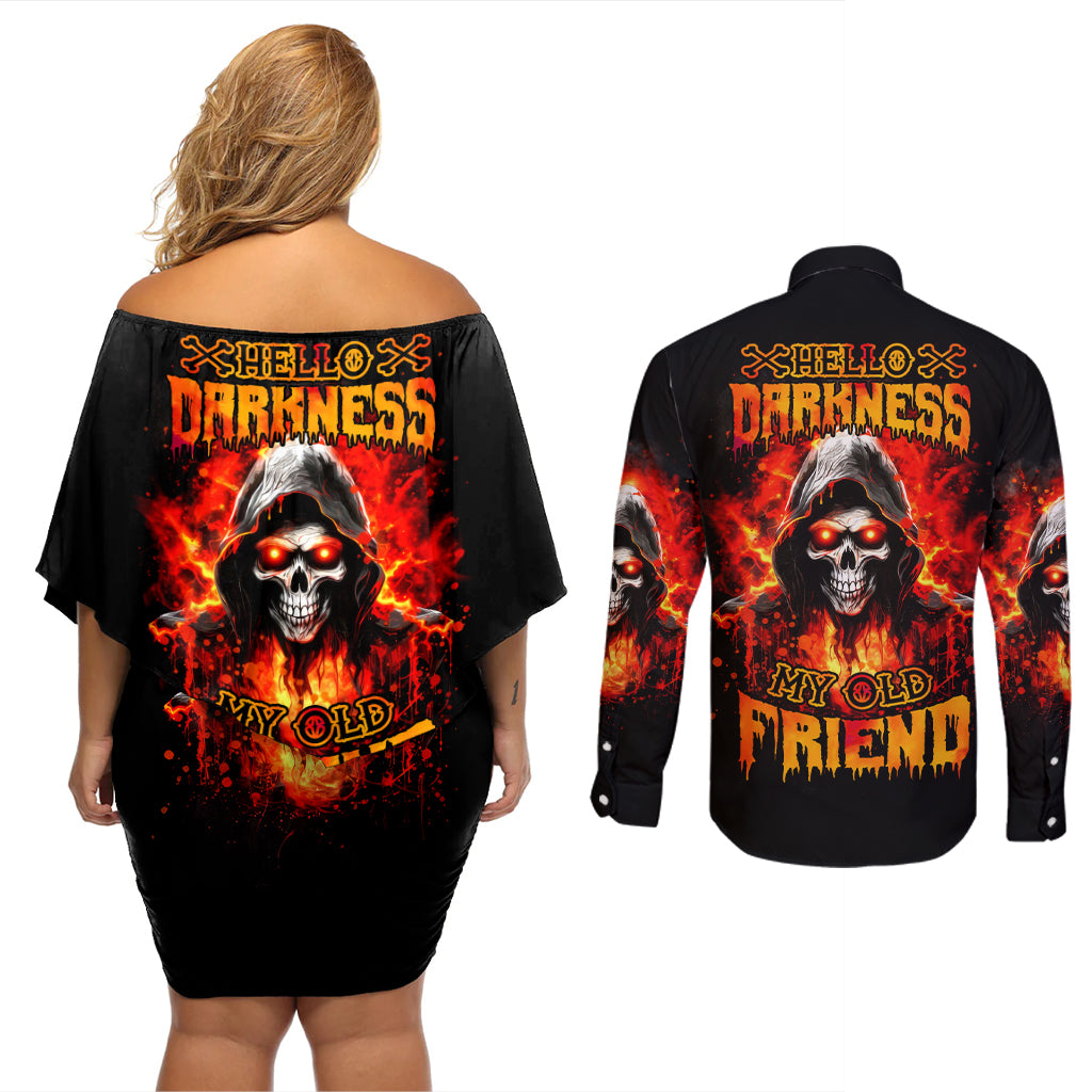 Flame Skull Couples Matching Off Shoulder Short Dress and Long Sleeve Button Shirt Hello Darkness My Old Friend - Wonder Print Shop