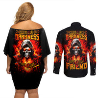 Flame Skull Couples Matching Off Shoulder Short Dress and Long Sleeve Button Shirt Hello Darkness My Old Friend - Wonder Print Shop