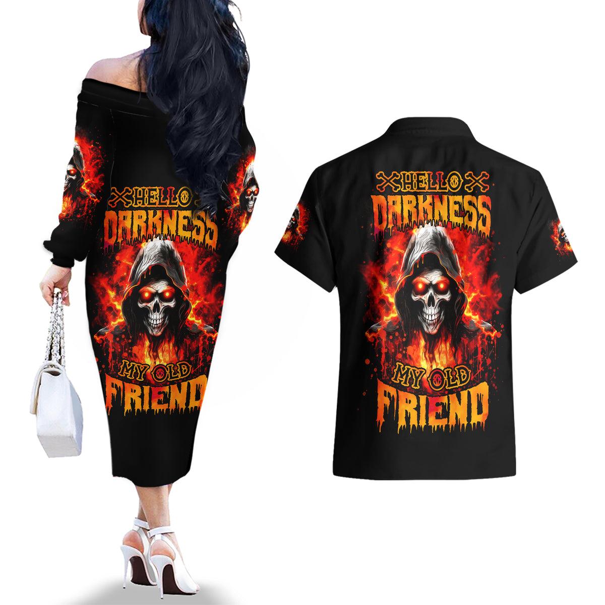 Flame Skull Couples Matching Off The Shoulder Long Sleeve Dress and Hawaiian Shirt Hello Darkness My Old Friend - Wonder Print Shop