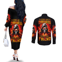 Flame Skull Couples Matching Off The Shoulder Long Sleeve Dress and Long Sleeve Button Shirt Hello Darkness My Old Friend