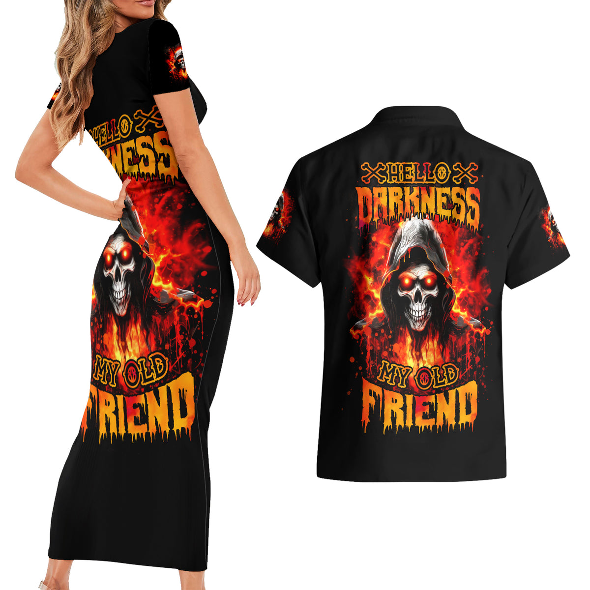 Flame Skull Couples Matching Short Sleeve Bodycon Dress and Hawaiian Shirt Hello Darkness My Old Friend - Wonder Print Shop