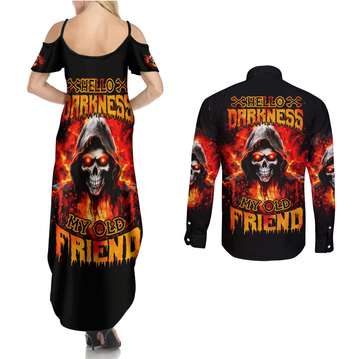 Flame Skull Couples Matching Summer Maxi Dress and Long Sleeve Button Shirt Hello Darkness My Old Friend - Wonder Print Shop