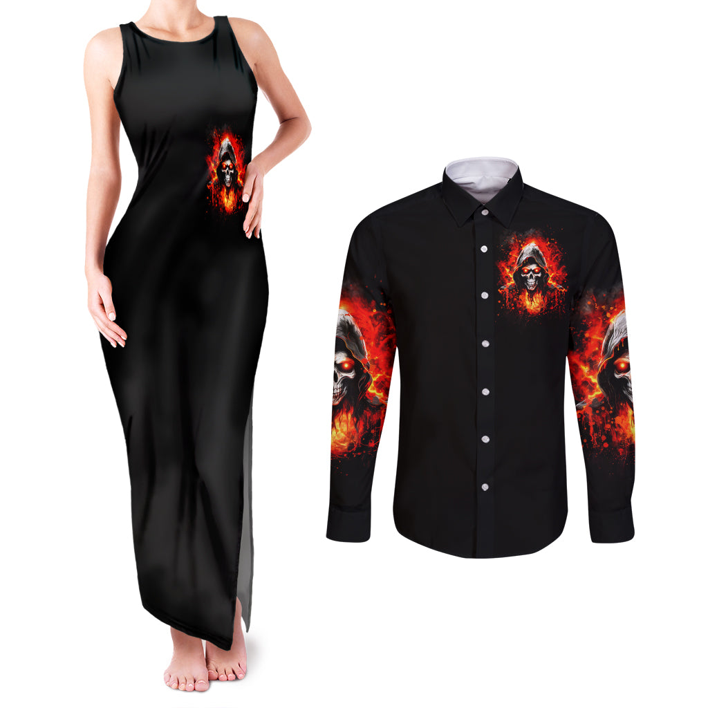 Flame Skull Couples Matching Tank Maxi Dress and Long Sleeve Button Shirt Hello Darkness My Old Friend - Wonder Print Shop