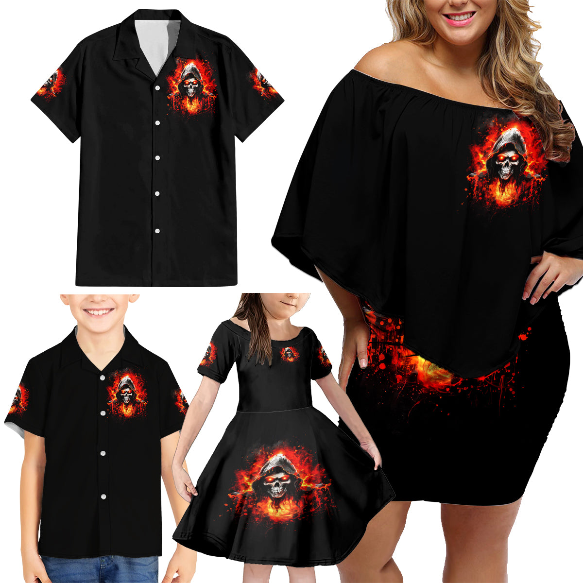 Flame Skull Family Matching Off Shoulder Short Dress and Hawaiian Shirt Hello Darkness My Old Friend - Wonder Print Shop