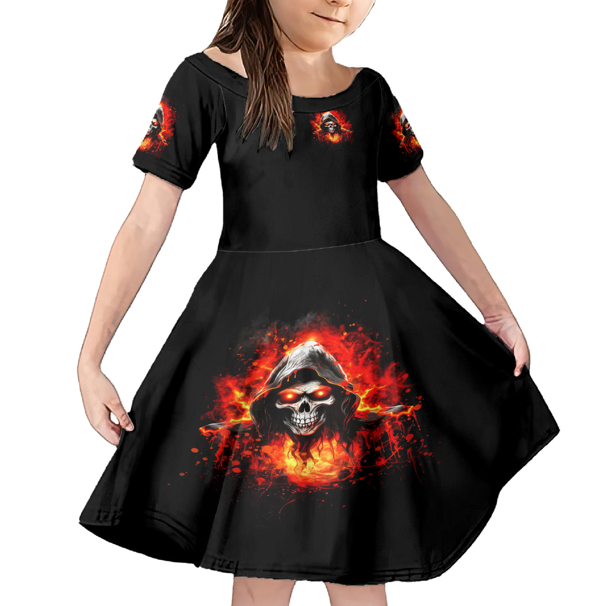 Flame Skull Family Matching Short Sleeve Bodycon Dress and Hawaiian Shirt Hello Darkness My Old Friend - Wonder Print Shop