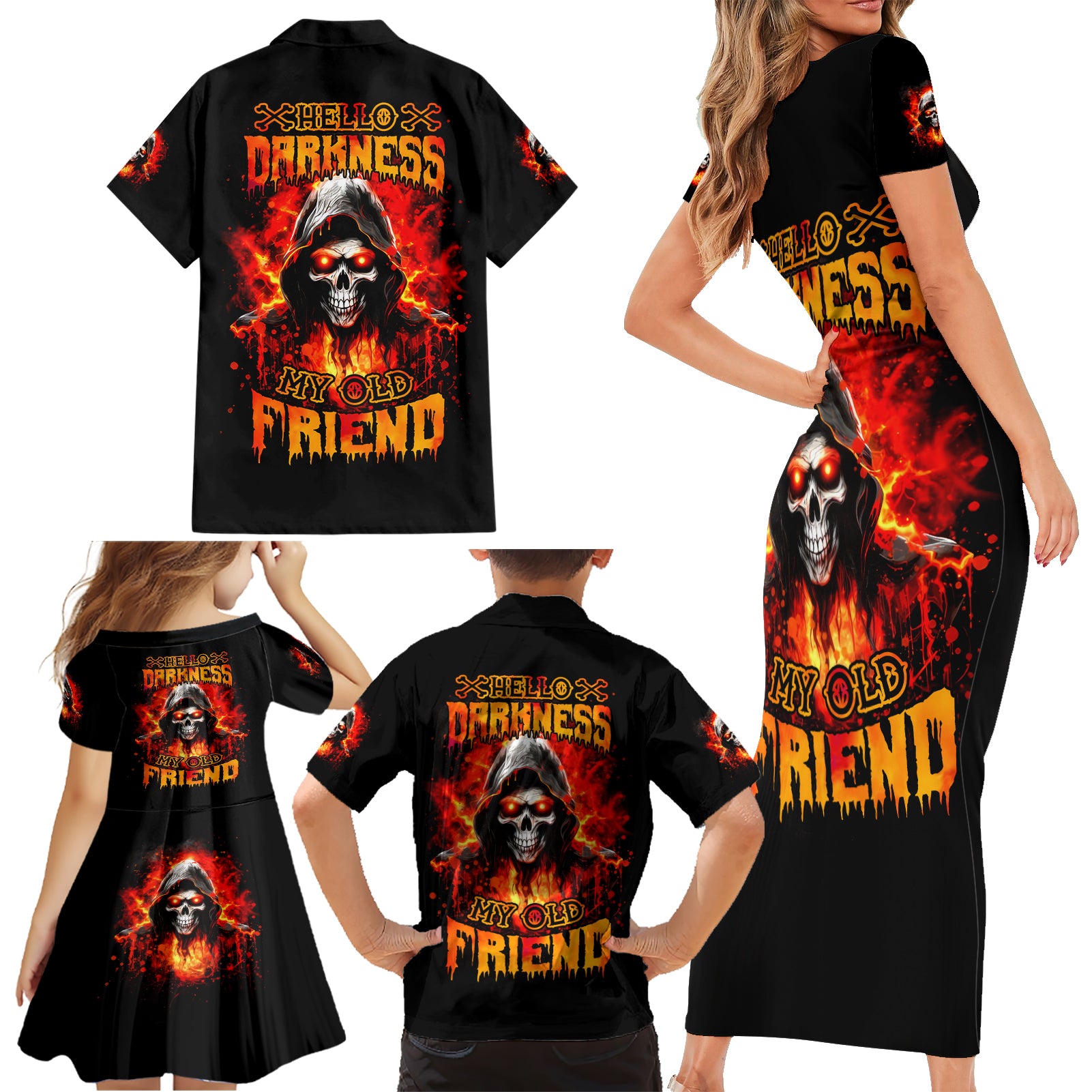 Flame Skull Family Matching Short Sleeve Bodycon Dress and Hawaiian Shirt Hello Darkness My Old Friend - Wonder Print Shop