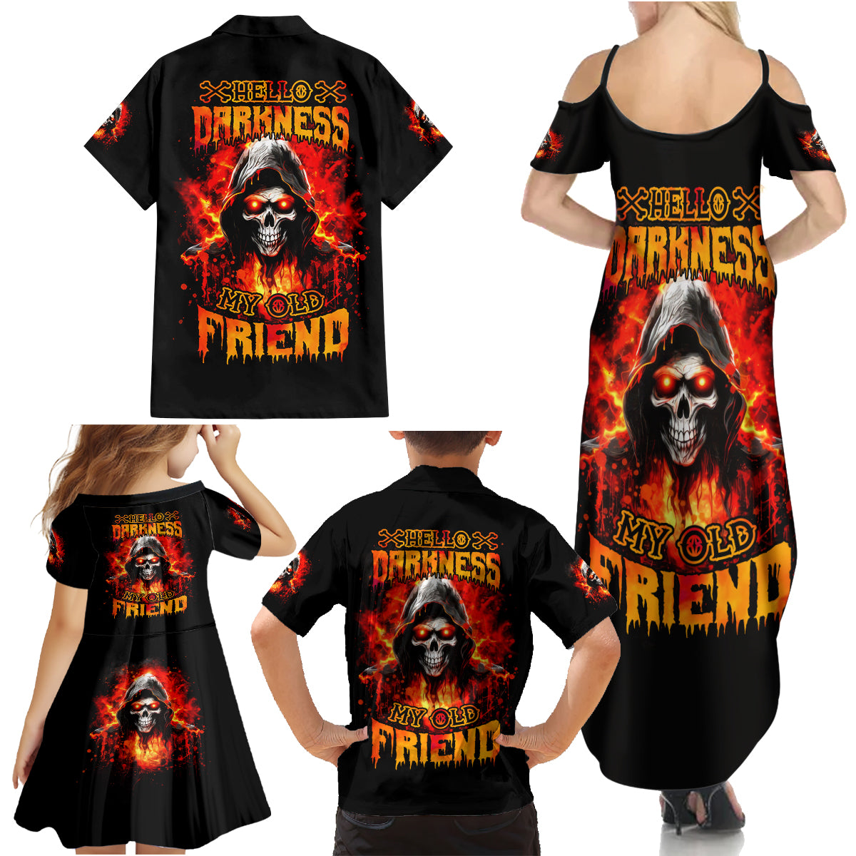 Flame Skull Family Matching Summer Maxi Dress and Hawaiian Shirt Hello Darkness My Old Friend - Wonder Print Shop
