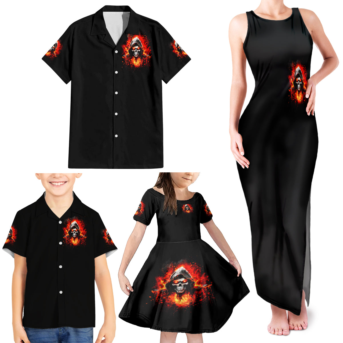 Flame Skull Family Matching Tank Maxi Dress and Hawaiian Shirt Hello Darkness My Old Friend - Wonder Print Shop