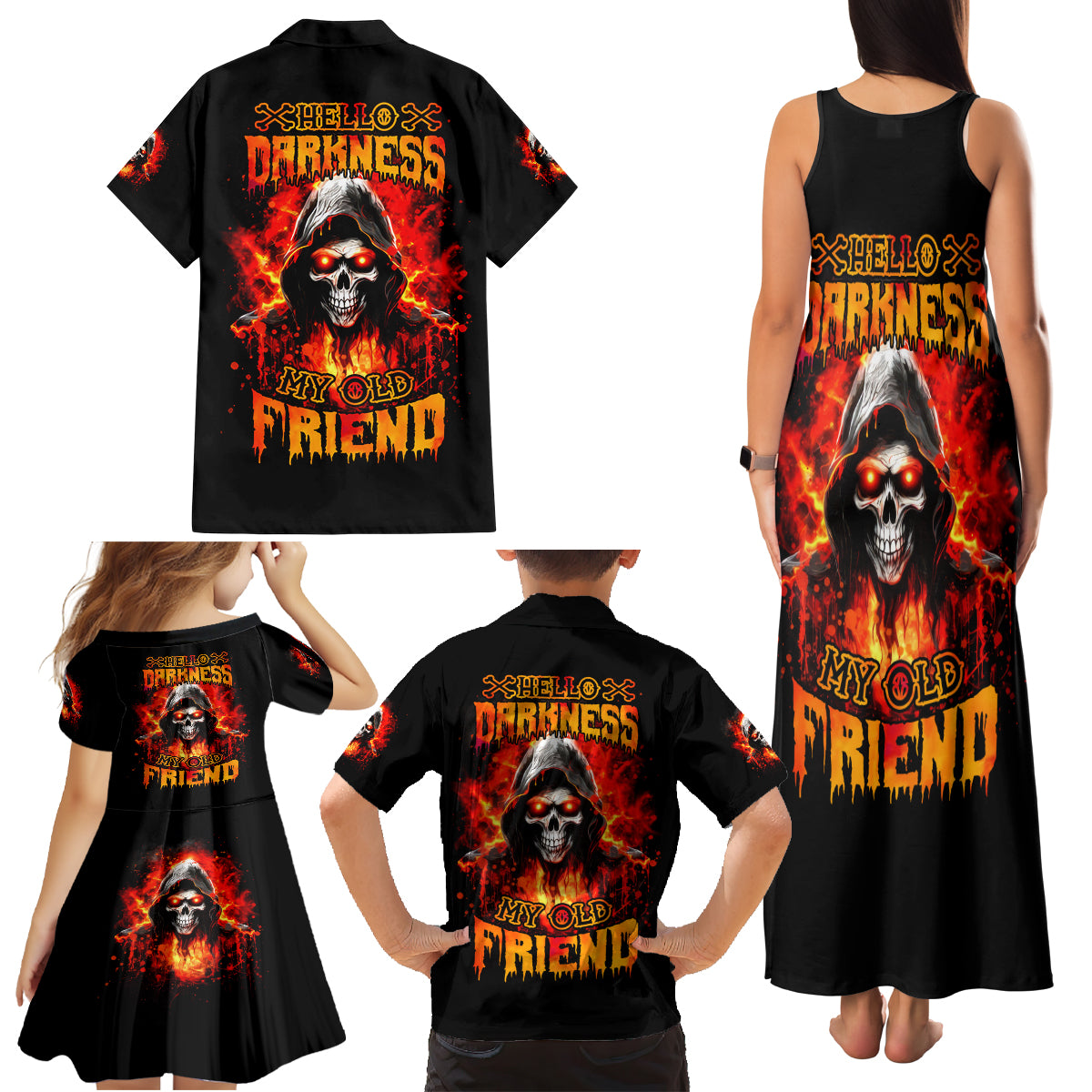 Flame Skull Family Matching Tank Maxi Dress and Hawaiian Shirt Hello Darkness My Old Friend - Wonder Print Shop