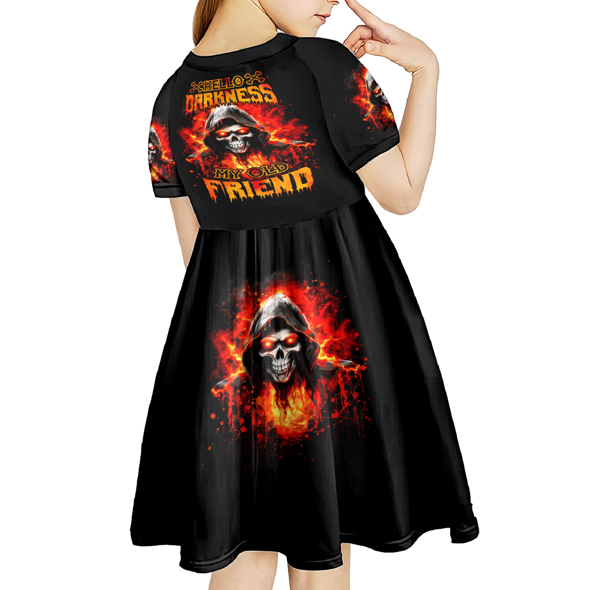 Flame Skull Kid Short Sleeve Dress Hello Darkness My Old Friend - Wonder Print Shop