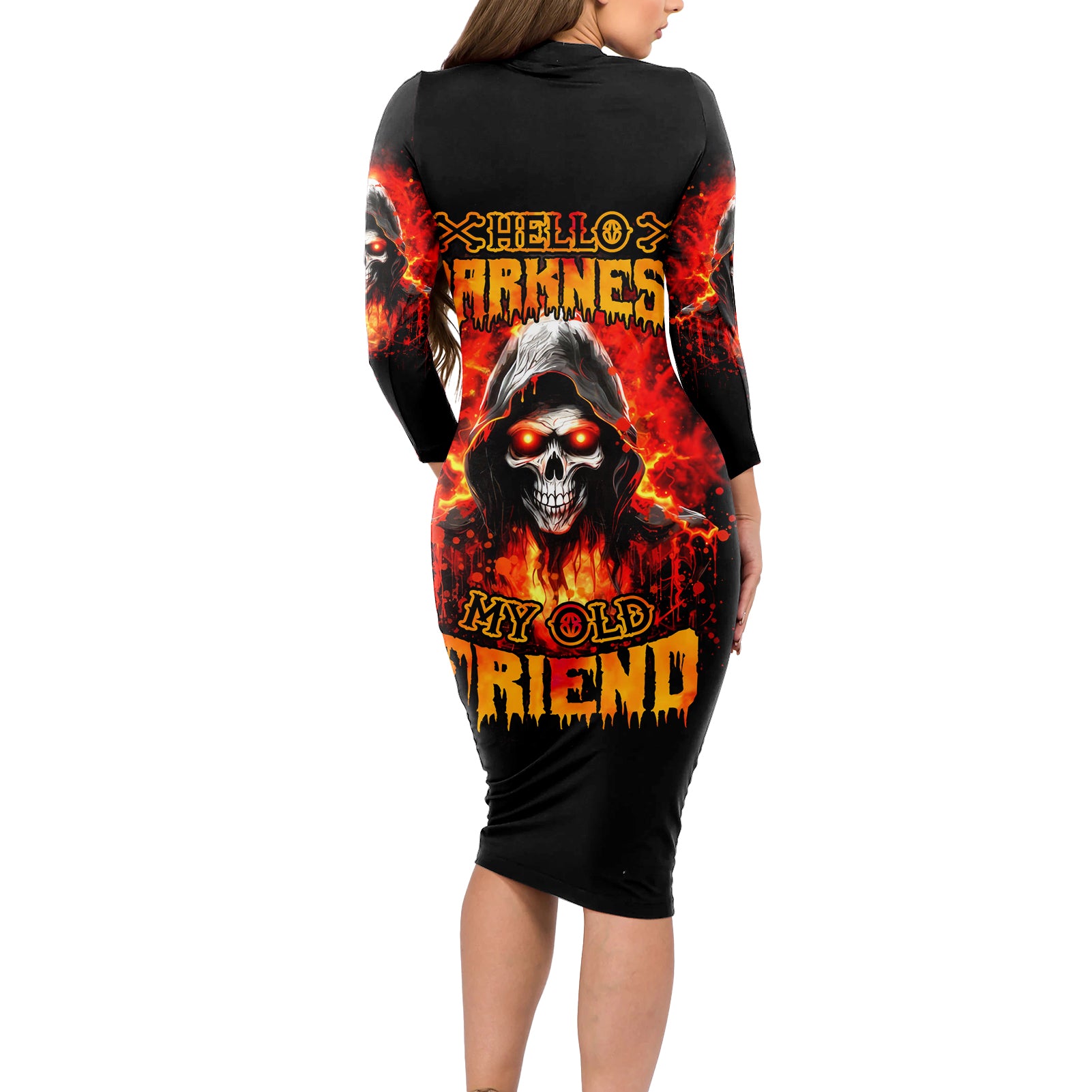 Flame Skull Long Sleeve Bodycon Dress Hello Darkness My Old Friend - Wonder Print Shop