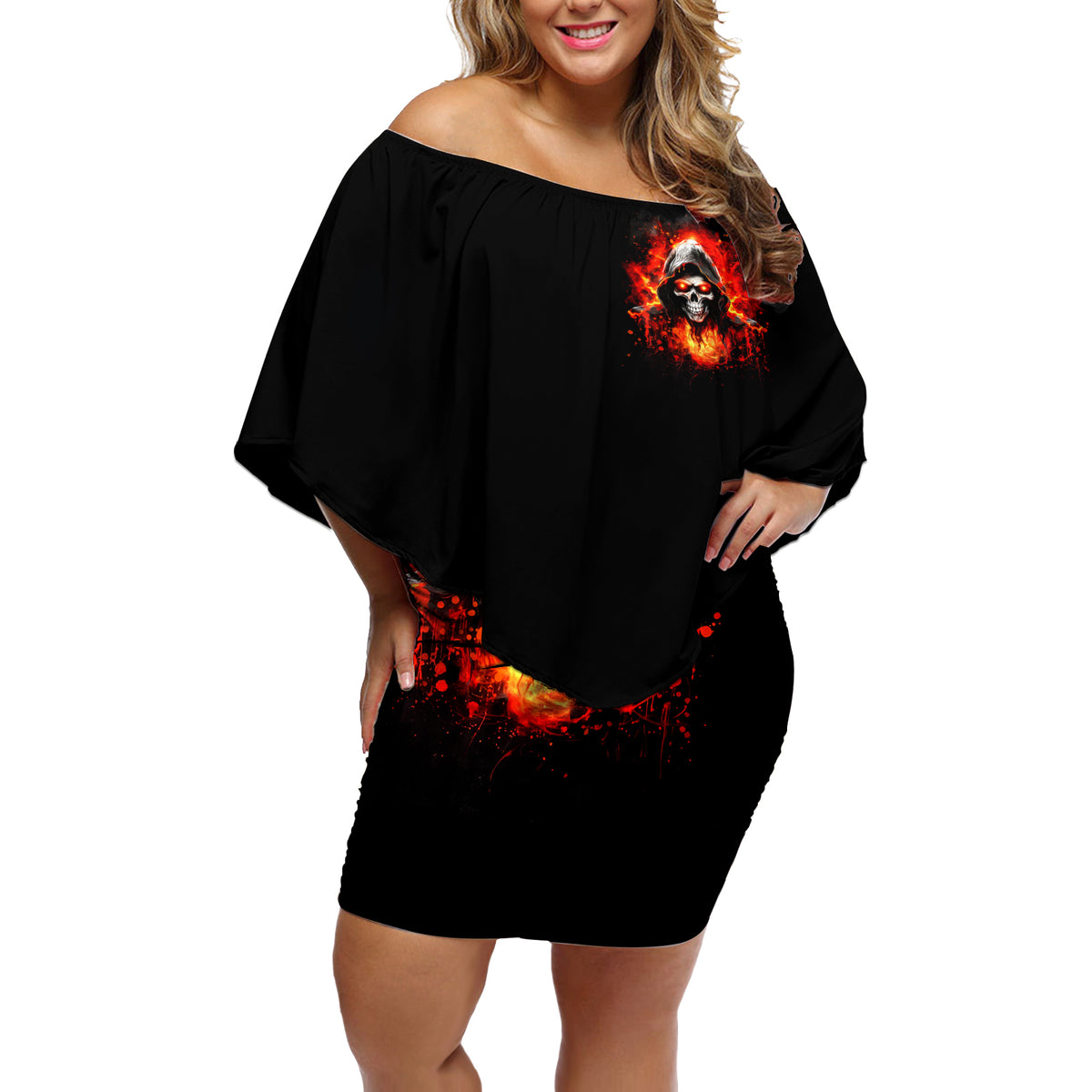 Flame Skull Off Shoulder Short Dress Hello Darkness My Old Friend - Wonder Print Shop