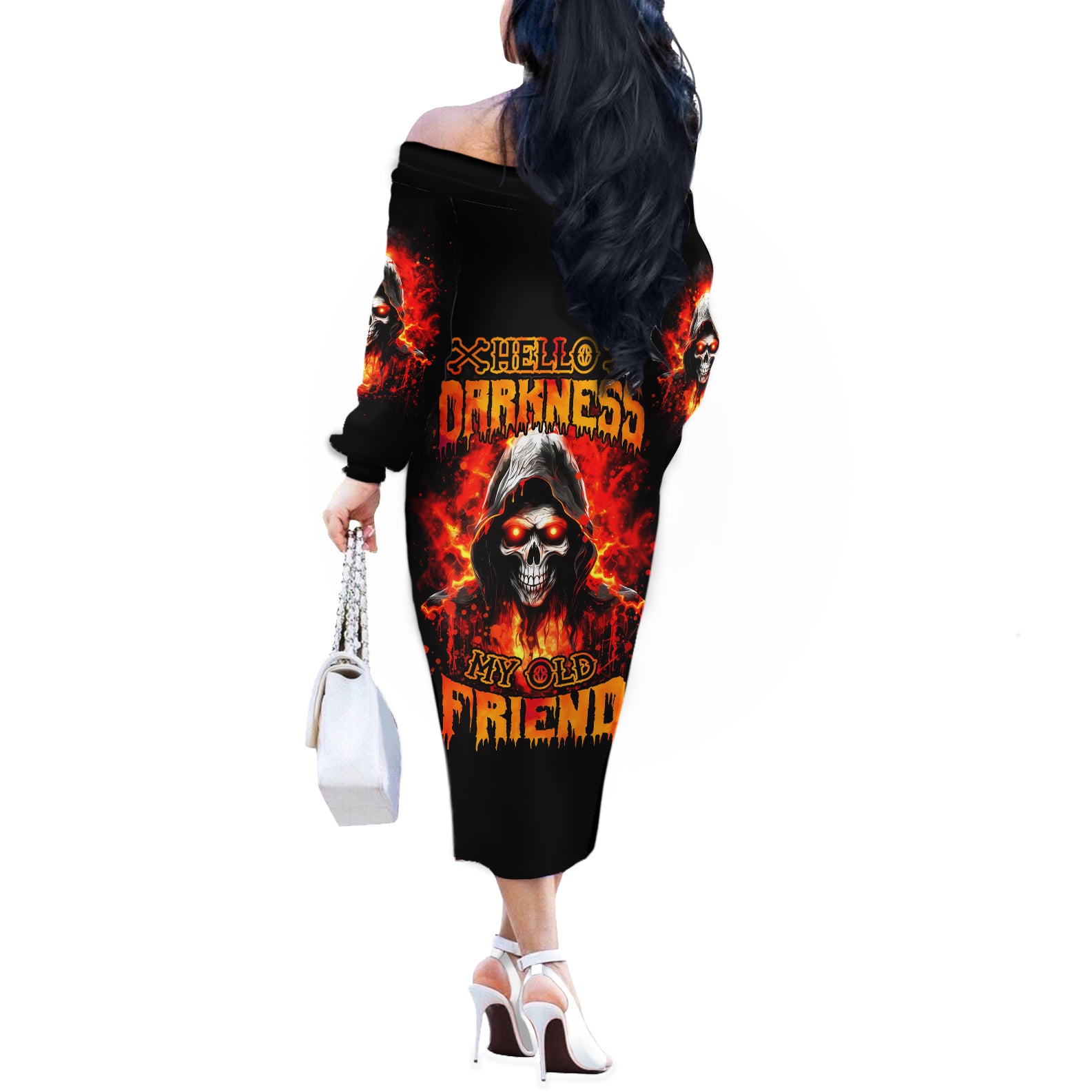 Flame Skull Off The Shoulder Long Sleeve Dress Hello Darkness My Old Friend - Wonder Print Shop