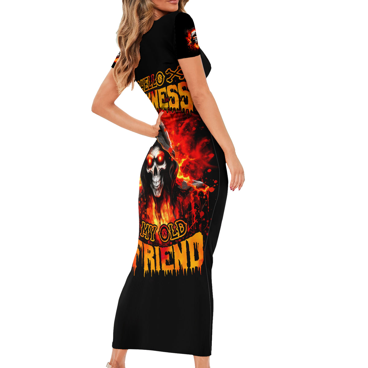 Flame Skull Short Sleeve Bodycon Dress Hello Darkness My Old Friend - Wonder Print Shop