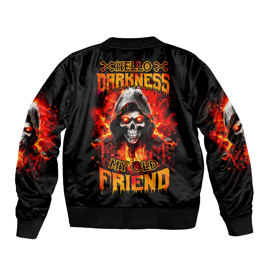 Flame Skull Sleeve Zip Bomber Jacket Hello Darkness My Old Friend - Wonder Print Shop