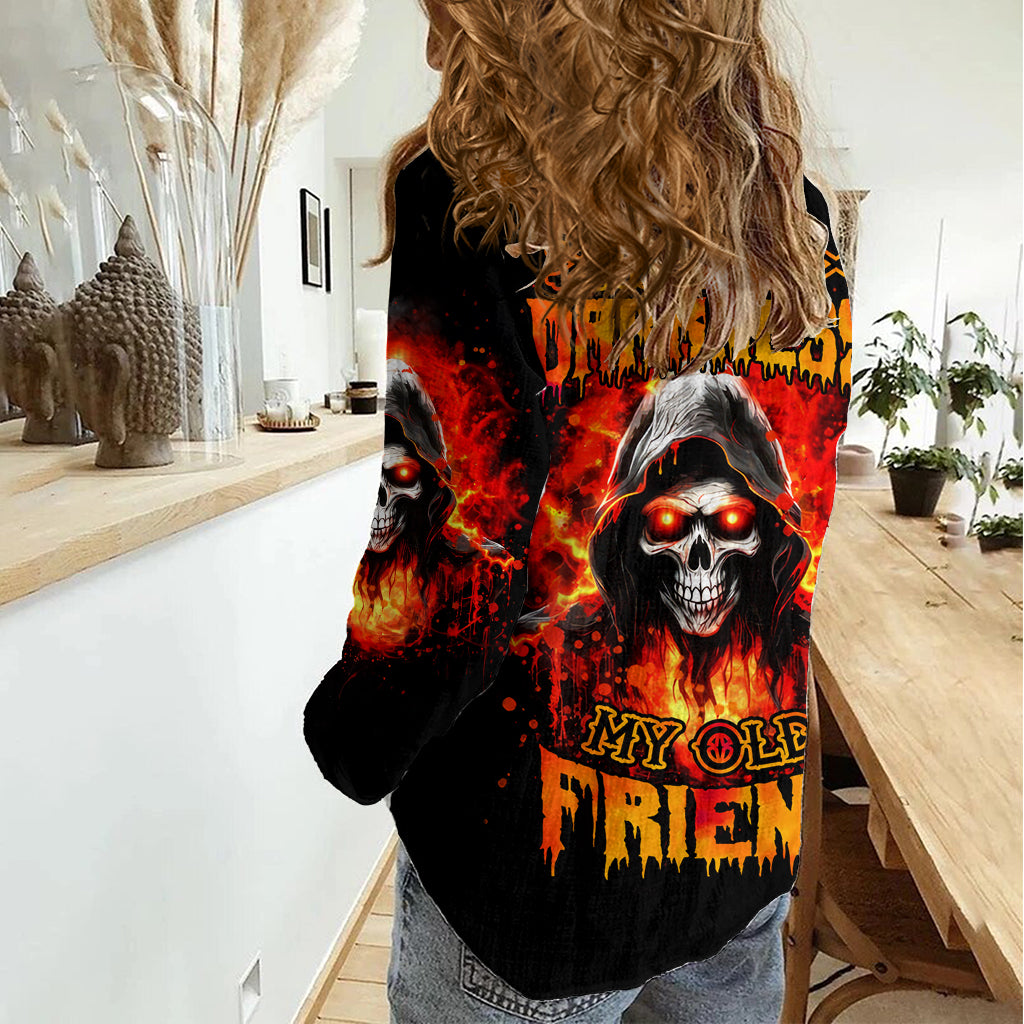 Flame Skull Women Casual Shirt Hello Darkness My Old Friend - Wonder Print Shop