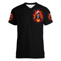 Flame Skull Women V Neck T Shirt Hello Darkness My Old Friend - Wonder Print Shop