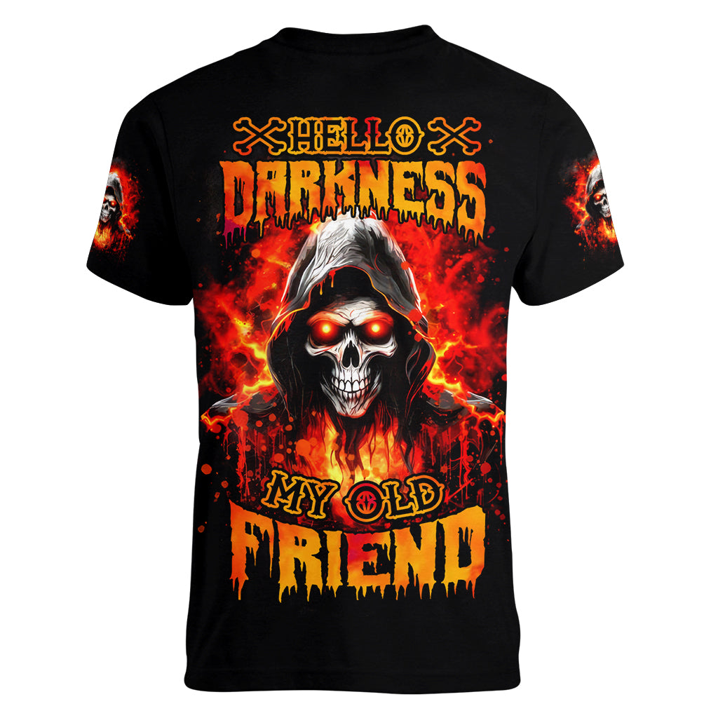Flame Skull Women V Neck T Shirt Hello Darkness My Old Friend - Wonder Print Shop