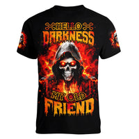 Flame Skull Women V Neck T Shirt Hello Darkness My Old Friend - Wonder Print Shop