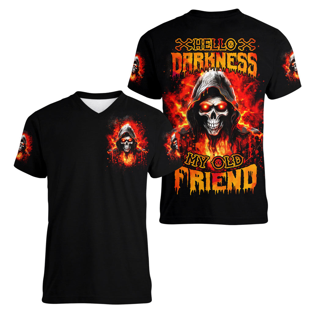 Flame Skull Women V Neck T Shirt Hello Darkness My Old Friend - Wonder Print Shop