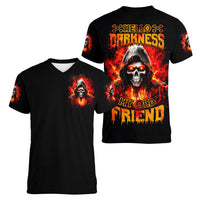 Flame Skull Women V Neck T Shirt Hello Darkness My Old Friend - Wonder Print Shop