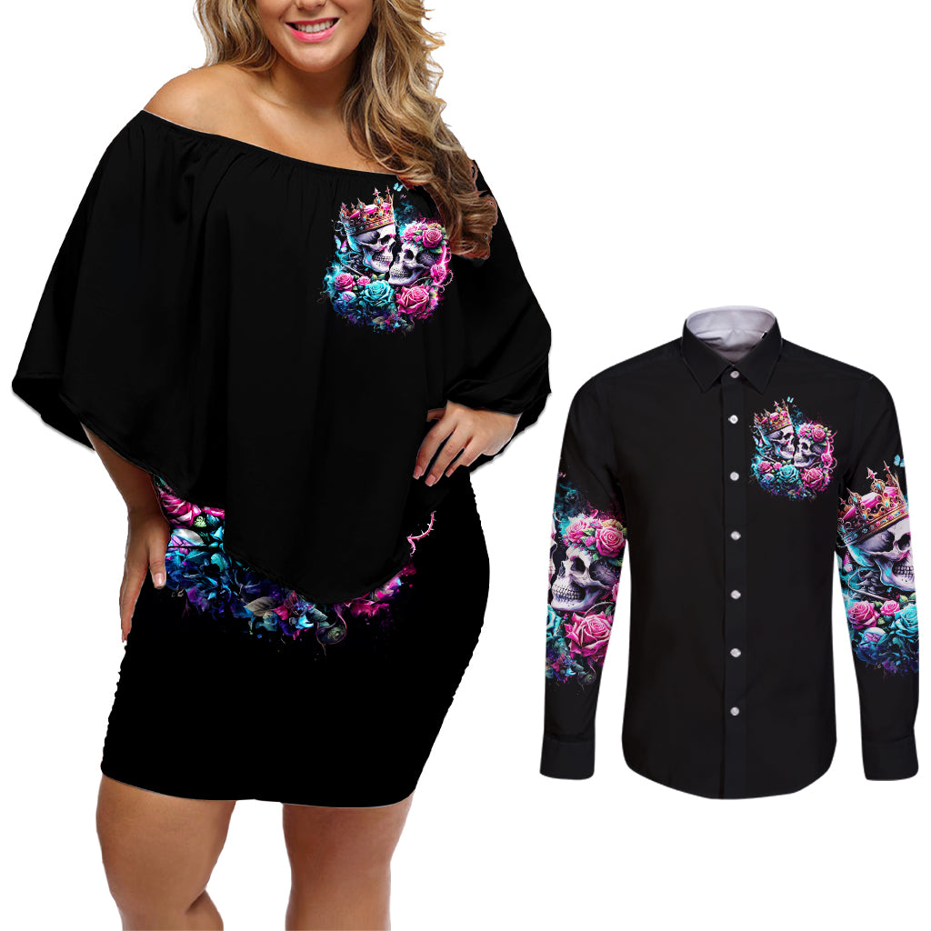 Couple Skull Couples Matching Off Shoulder Short Dress and Long Sleeve Button Shirt In One Life Time You Will Love Many Time But One Love - Wonder Print Shop