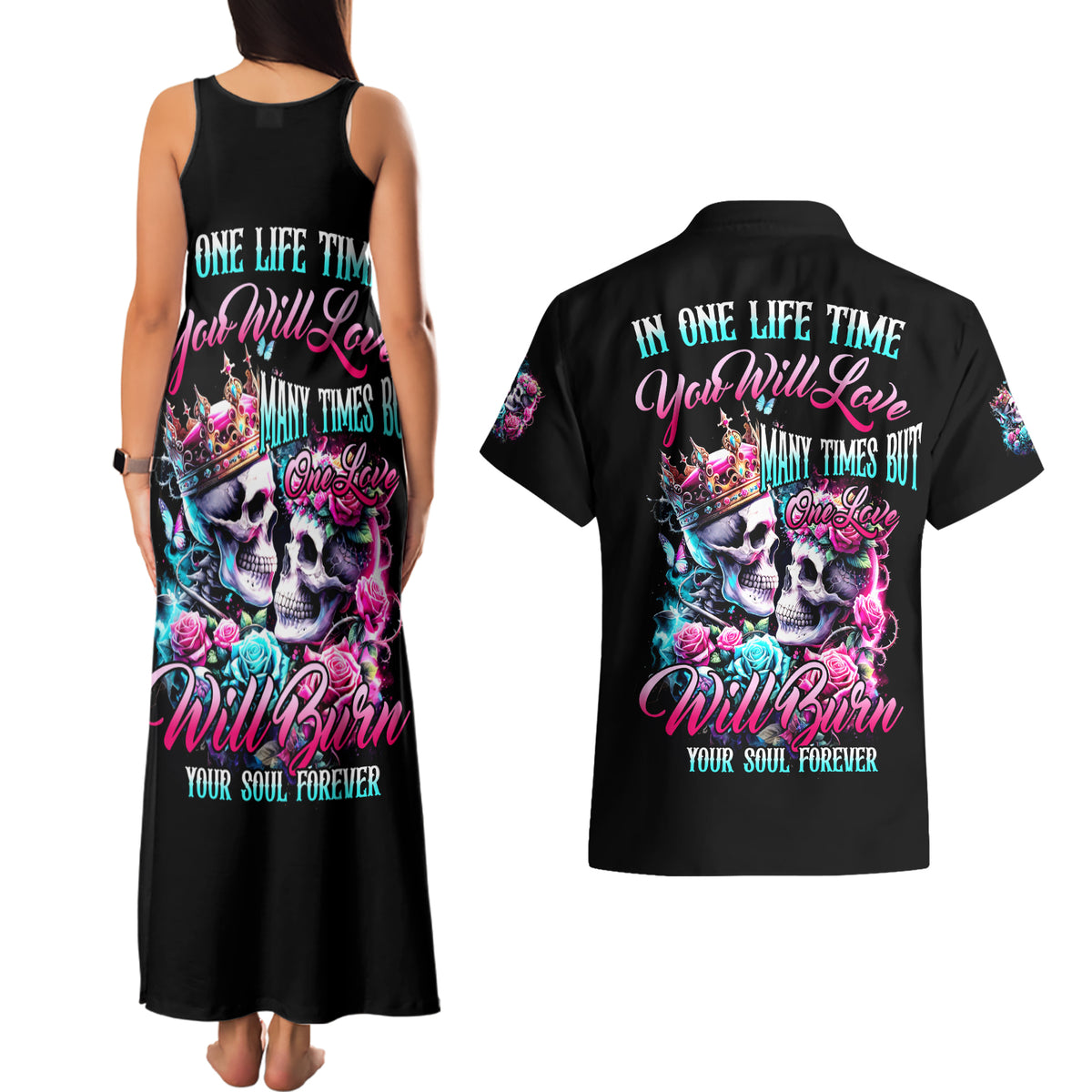 Couple Skull Couples Matching Tank Maxi Dress and Hawaiian Shirt In One Life Time You Will Love Many Time But One Love - Wonder Print Shop