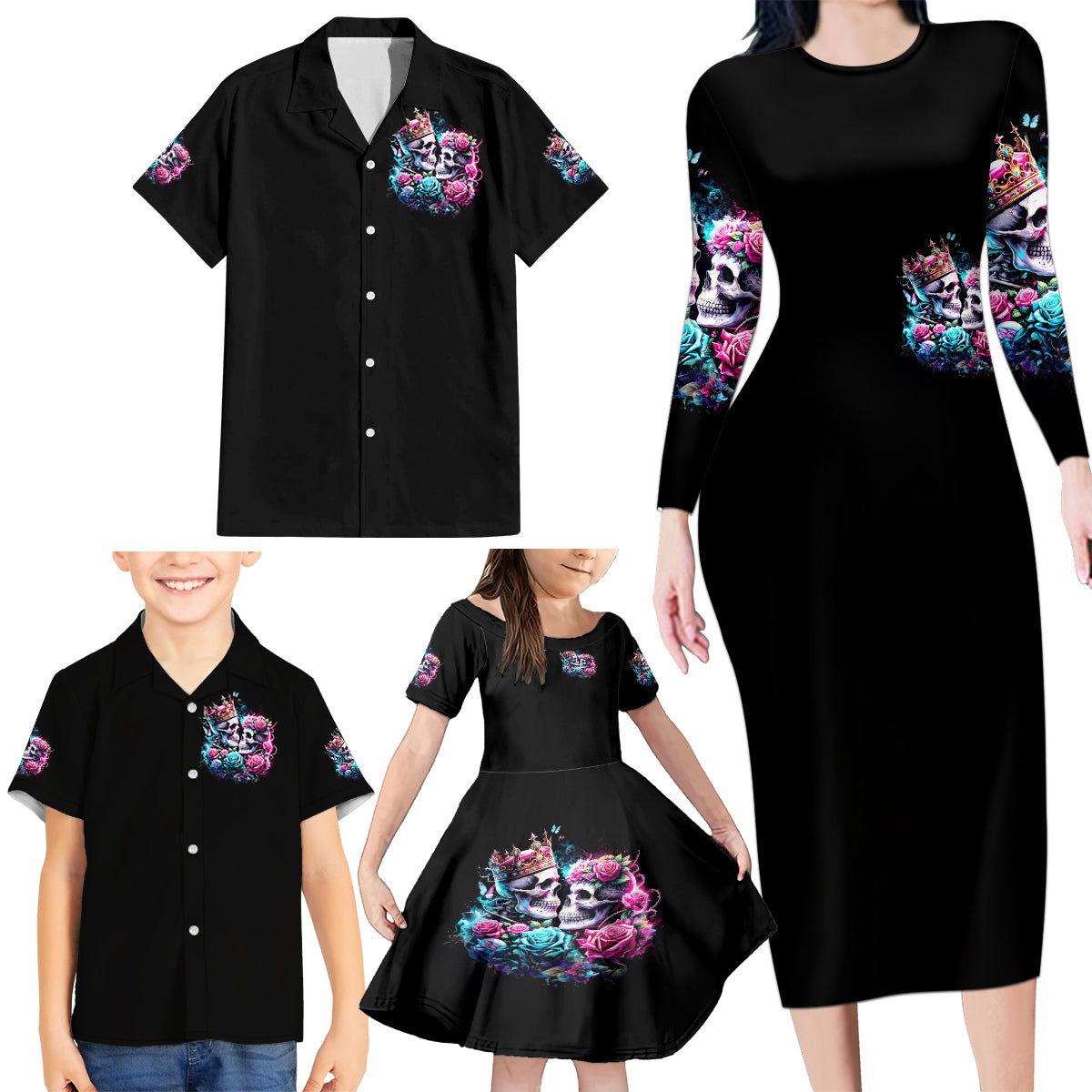 Couple Skull Family Matching Long Sleeve Bodycon Dress and Hawaiian Shirt In One Life Time You Will Love Many Time But One Love - Wonder Print Shop