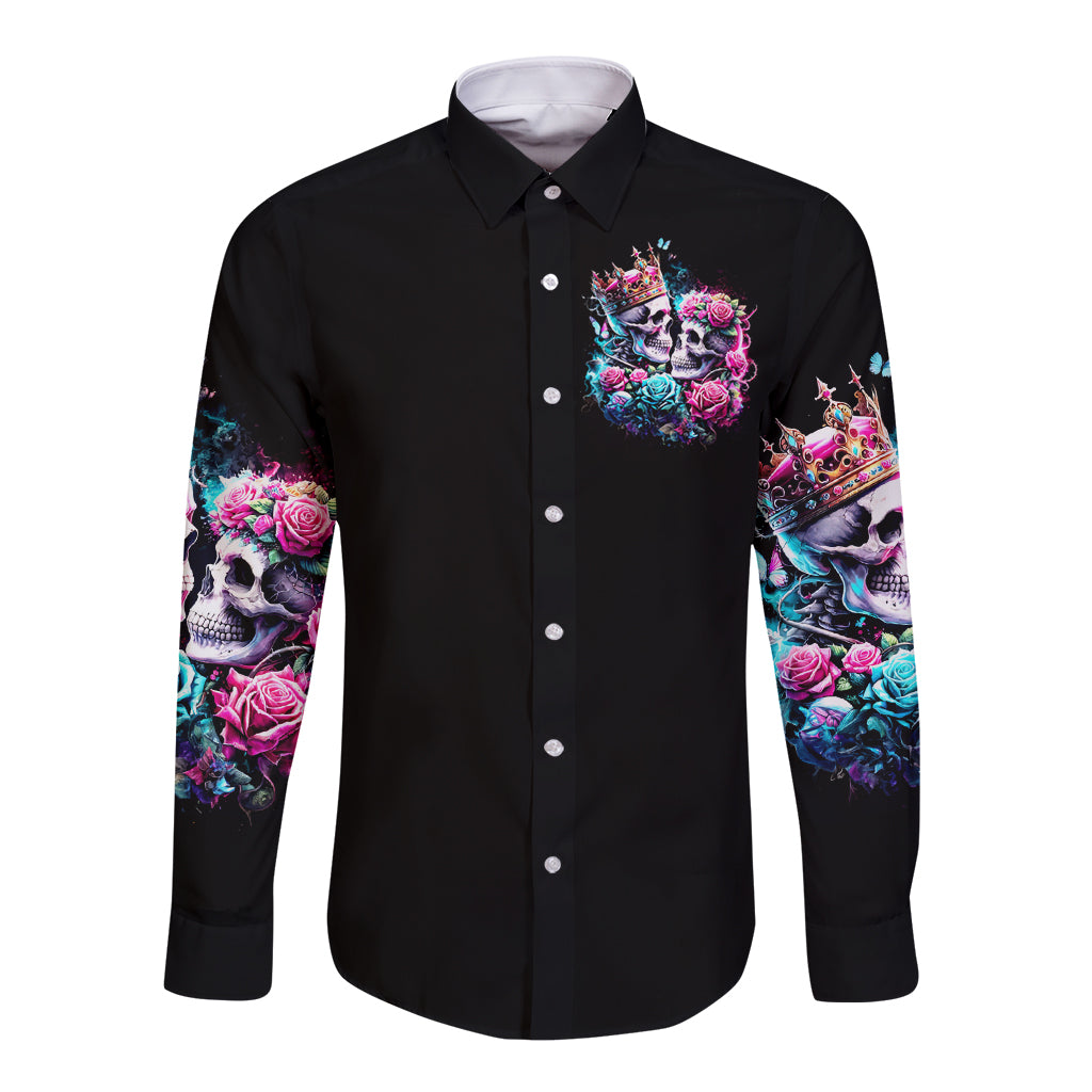 Couple Skull Long Sleeve Button Shirt In One Life Time You Will Love Many Time But One Love - Wonder Print Shop