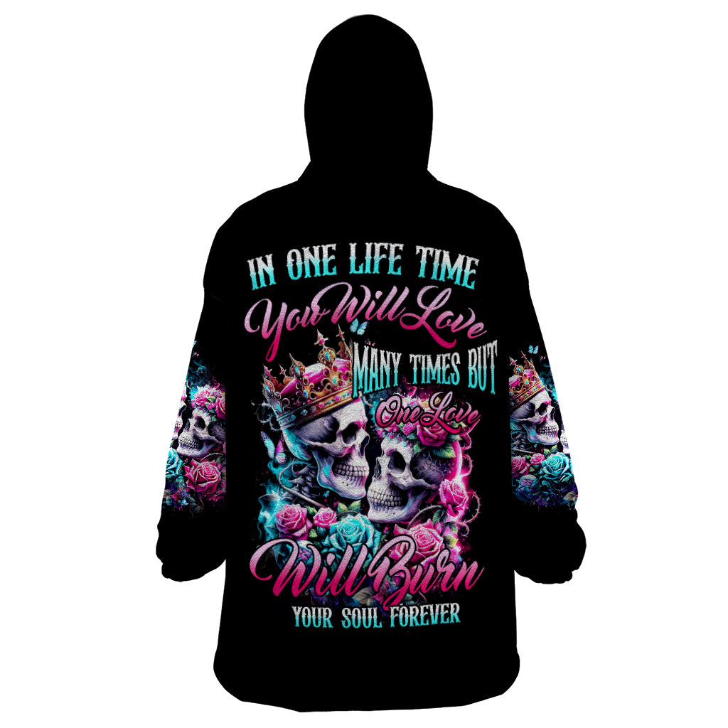 Couple Skull Wearable Blanket Hoodie In One Life Time You Will Love Many Time But One Love - Wonder Print Shop