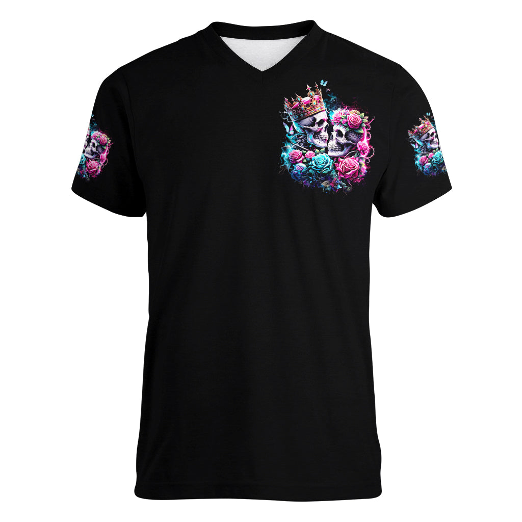 Couple Skull Women V Neck T Shirt In One Life Time You Will Love Many Time But One Love - Wonder Print Shop