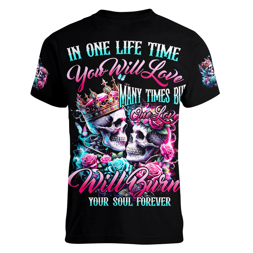 Couple Skull Women V Neck T Shirt In One Life Time You Will Love Many Time But One Love - Wonder Print Shop