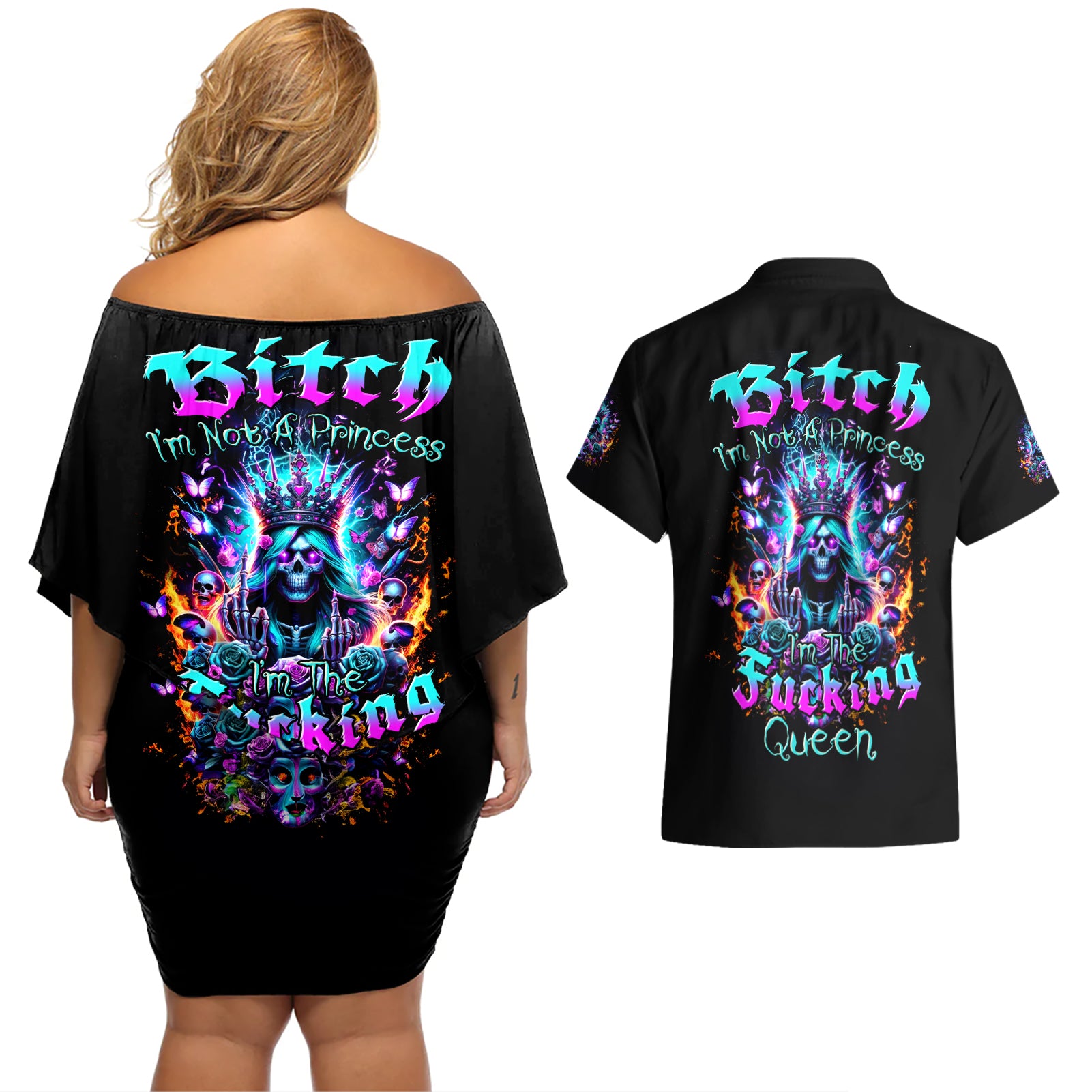 Queen Skull Couples Matching Off Shoulder Short Dress and Hawaiian Shirt Bitch I'm Not A Princess I'm The Fucking Queen - Wonder Print Shop