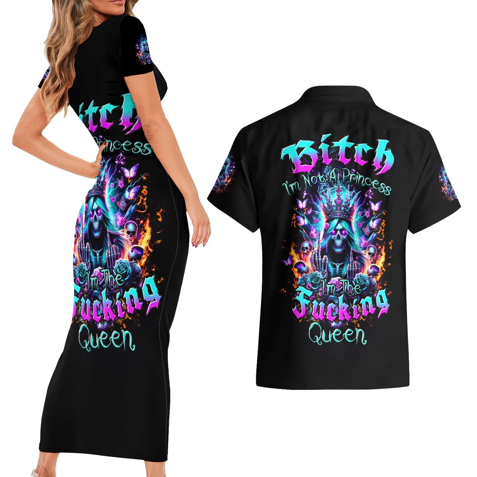 Queen Skull Couples Matching Short Sleeve Bodycon Dress and Hawaiian Shirt Bitch I'm Not A Princess I'm The Fucking Queen - Wonder Print Shop