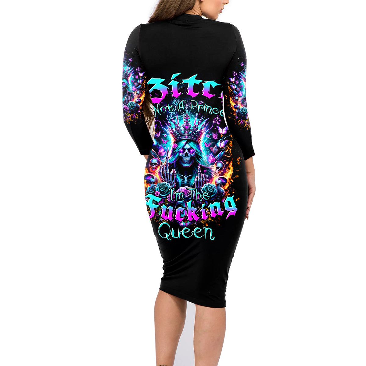 Queen Skull Family Matching Long Sleeve Bodycon Dress and Hawaiian Shirt Bitch I'm Not A Princess I'm The Fucking Queen - Wonder Print Shop