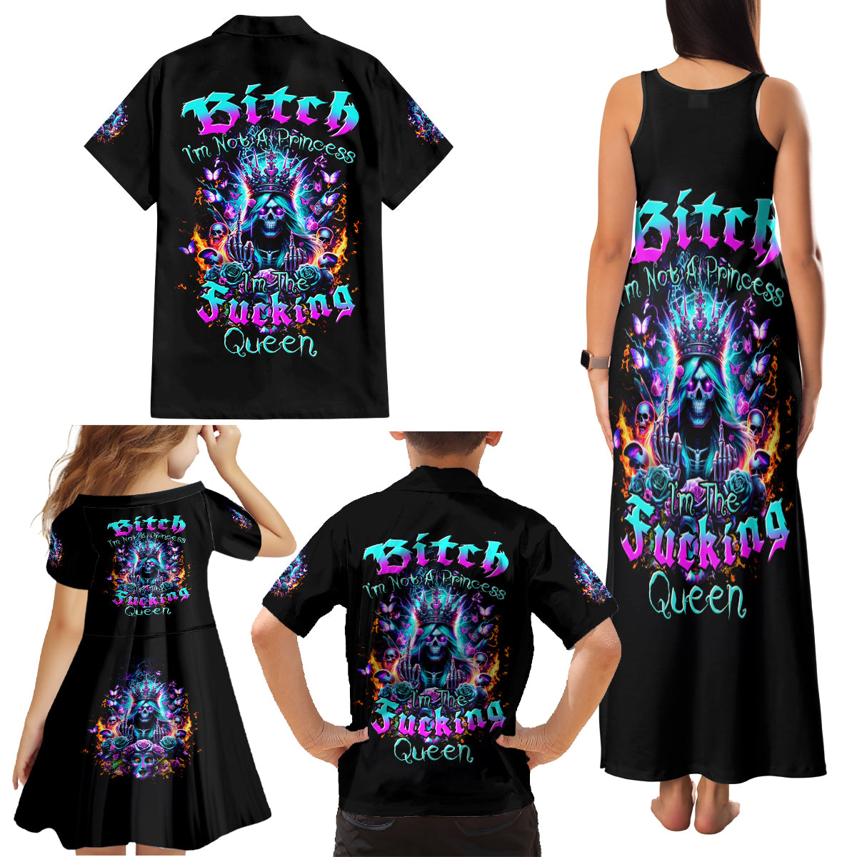 Queen Skull Family Matching Tank Maxi Dress and Hawaiian Shirt Bitch I'm Not A Princess I'm The Fucking Queen - Wonder Print Shop