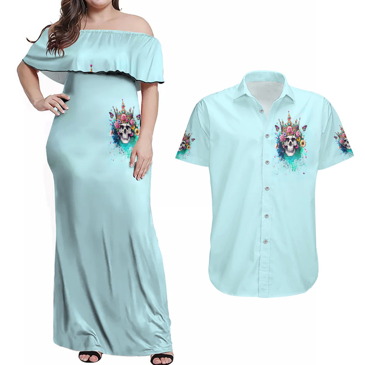 Skull Fairy Couples Matching Off Shoulder Maxi Dress and Hawaiian Shirt Bitch I'm Not A Princess I'm The Fucking Queen - Wonder Print Shop