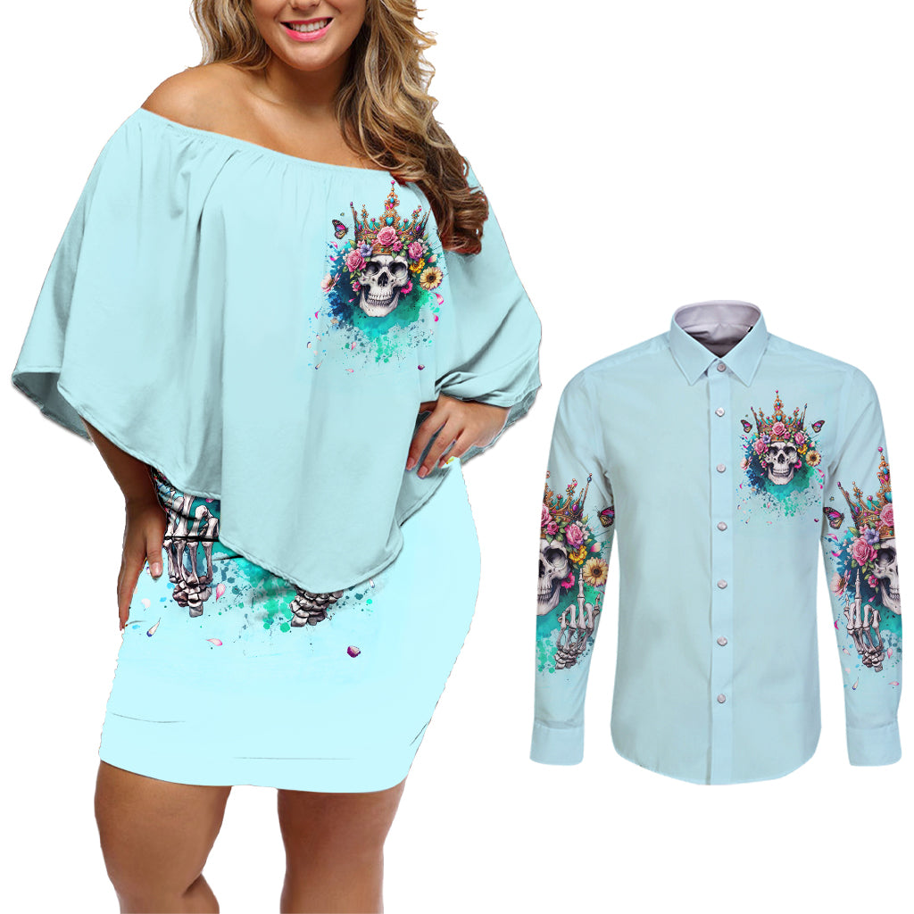 Skull Fairy Couples Matching Off Shoulder Short Dress and Long Sleeve Button Shirt Bitch I'm Not A Princess I'm The Fucking Queen - Wonder Print Shop