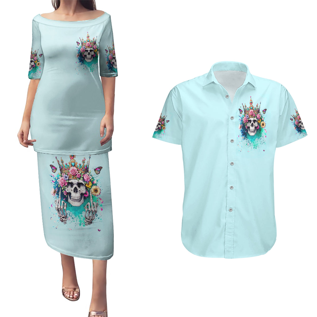 Skull Fairy Couples Matching Puletasi and Hawaiian Shirt Bitch I'm Not A Princess I'm The Fucking Queen - Wonder Print Shop