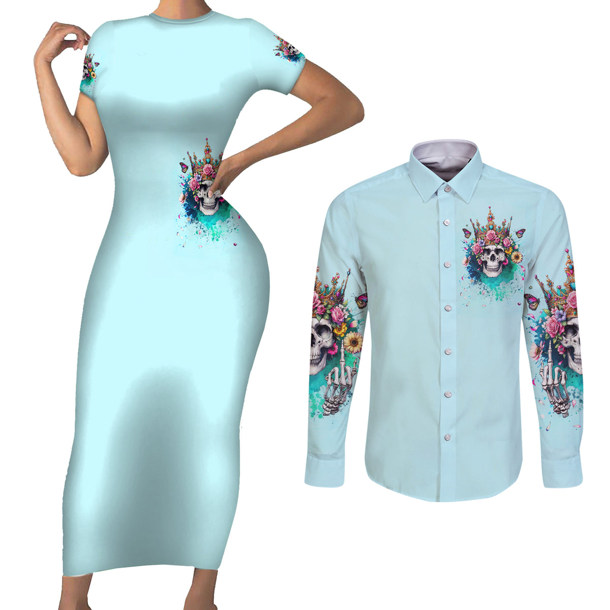 Skull Fairy Couples Matching Short Sleeve Bodycon Dress and Long Sleeve Button Shirt Bitch I'm Not A Princess I'm The Fucking Queen - Wonder Print Shop