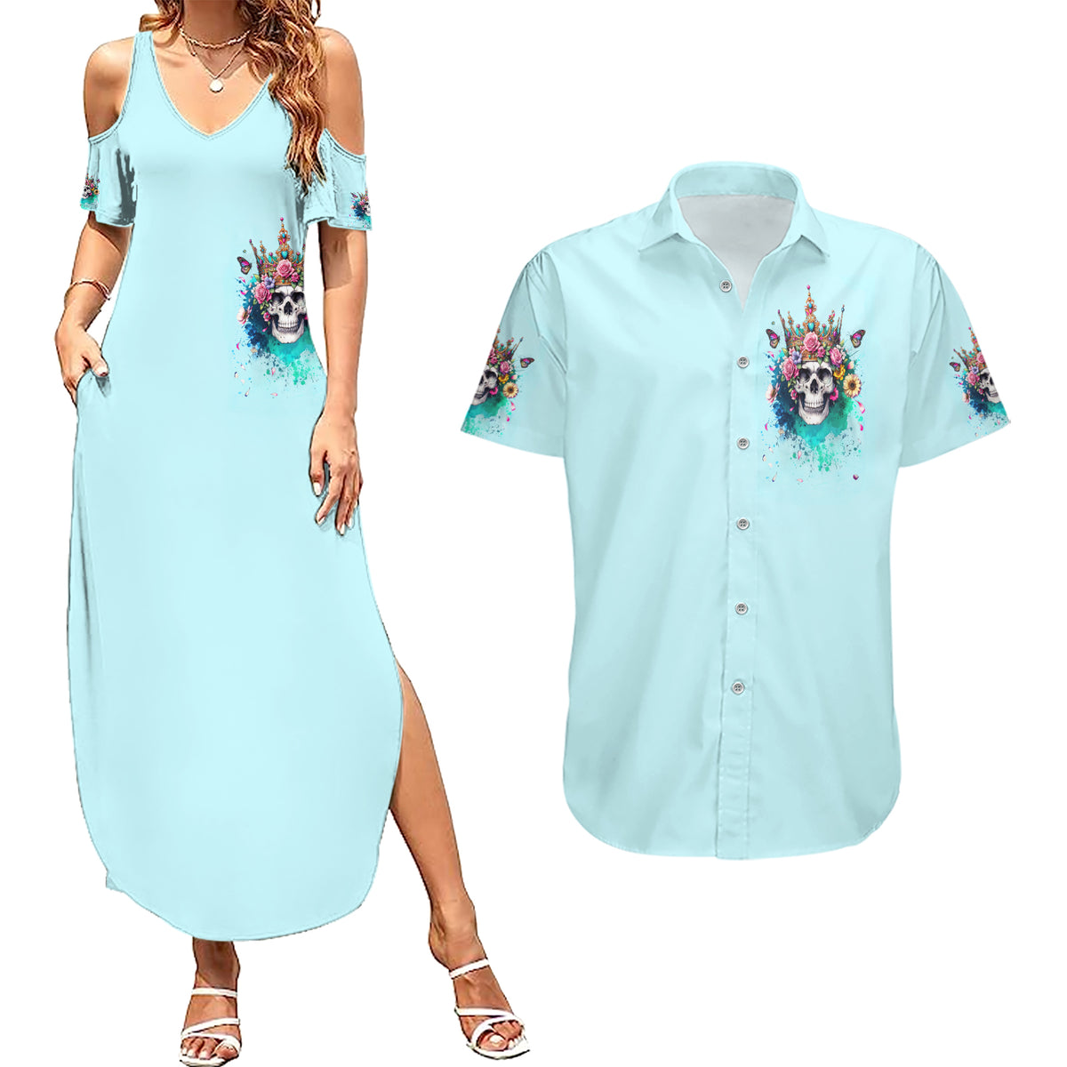 Skull Fairy Couples Matching Summer Maxi Dress and Hawaiian Shirt Bitch I'm Not A Princess I'm The Fucking Queen - Wonder Print Shop