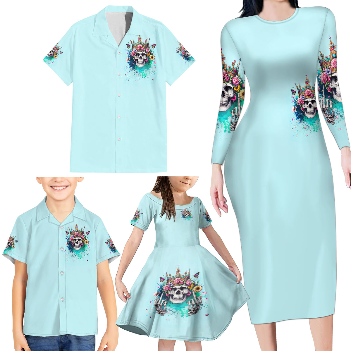 Skull Fairy Family Matching Long Sleeve Bodycon Dress and Hawaiian Shirt Bitch I'm Not A Princess I'm The Fucking Queen - Wonder Print Shop