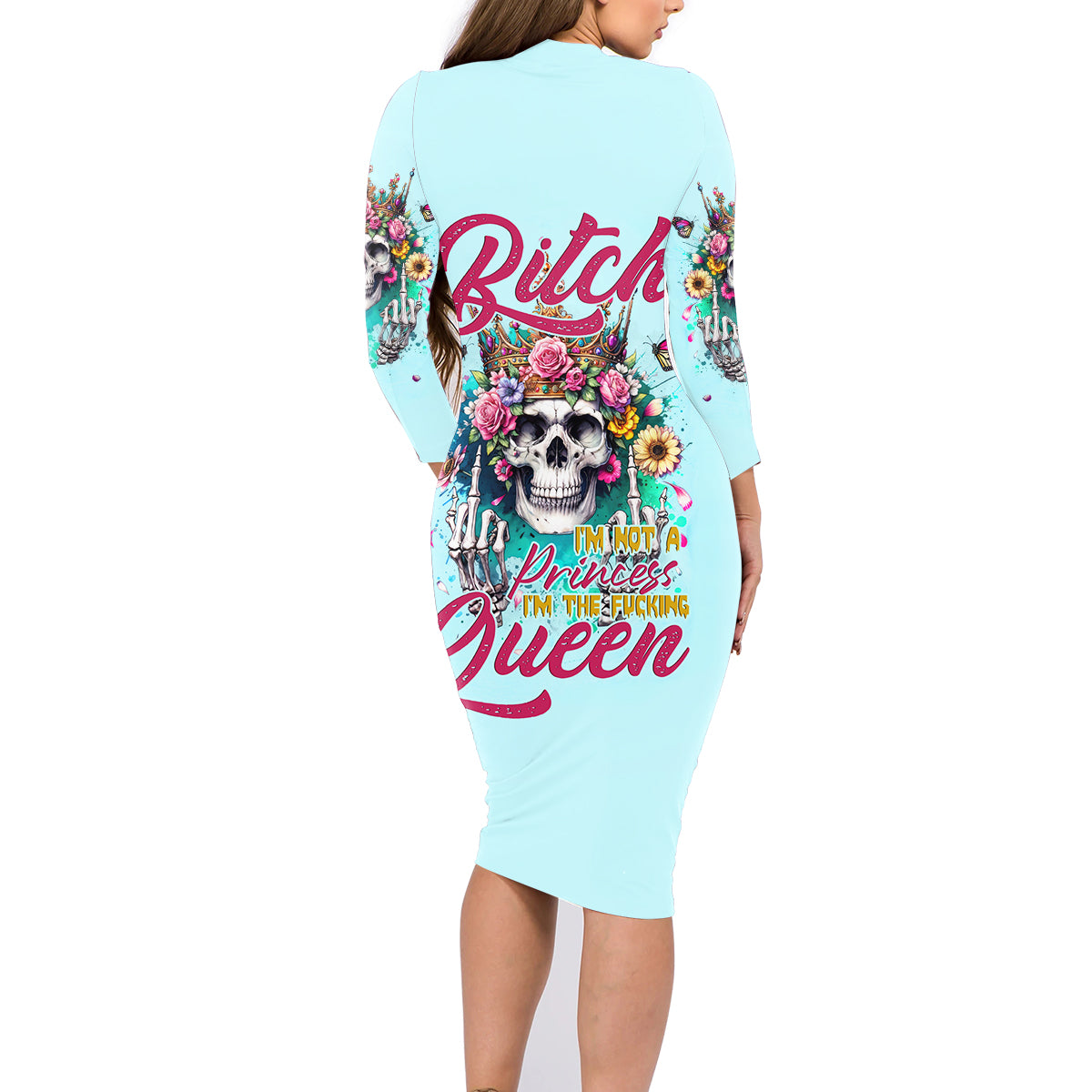 Skull Fairy Family Matching Long Sleeve Bodycon Dress and Hawaiian Shirt Bitch I'm Not A Princess I'm The Fucking Queen - Wonder Print Shop