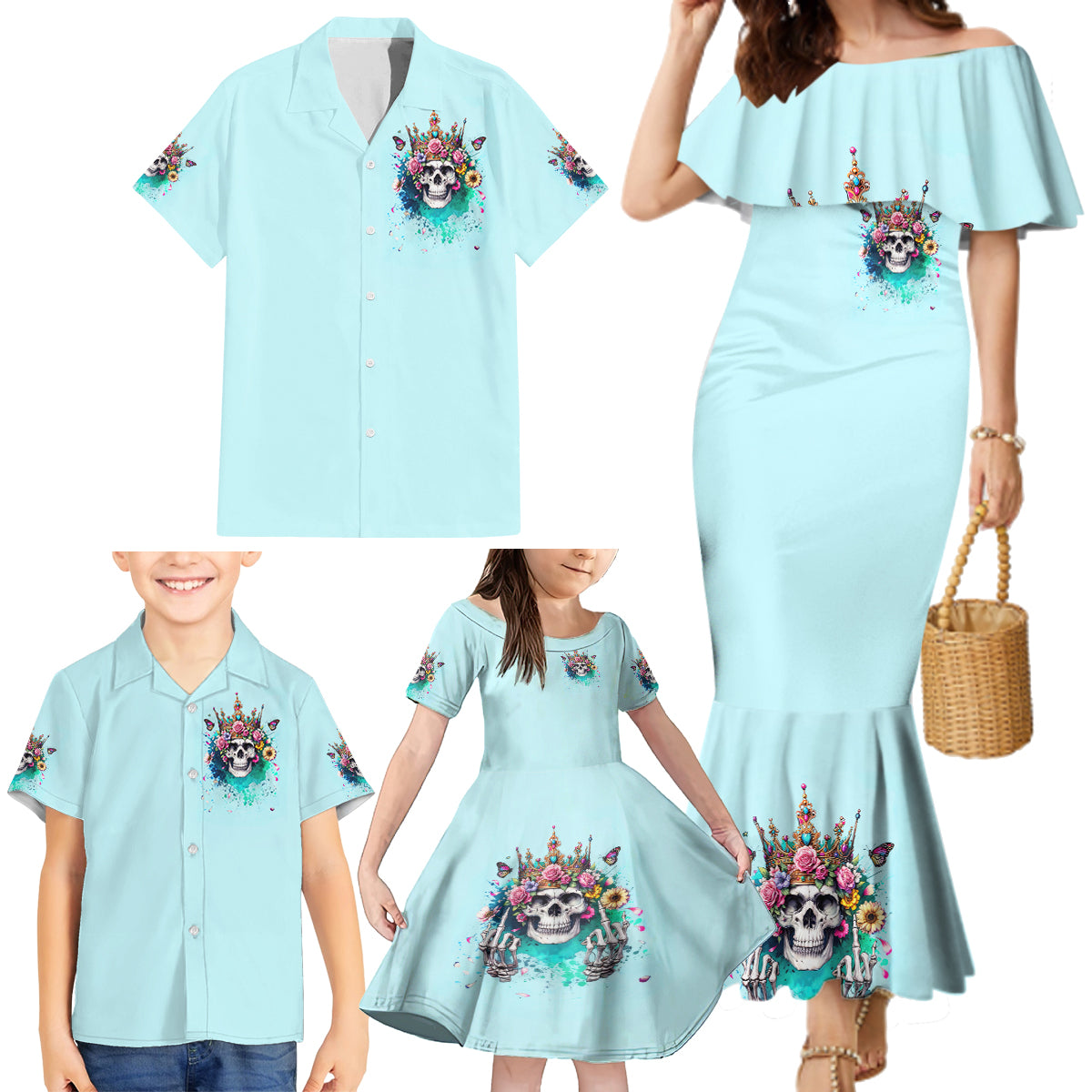 Skull Fairy Family Matching Mermaid Dress and Hawaiian Shirt Bitch I'm Not A Princess I'm The Fucking Queen - Wonder Print Shop