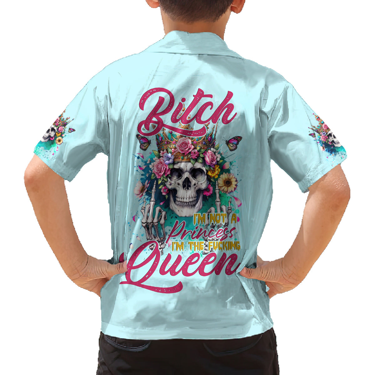 Skull Fairy Family Matching Off Shoulder Long Sleeve Dress and Hawaiian Shirt Bitch I'm Not A Princess I'm The Fucking Queen - Wonder Print Shop