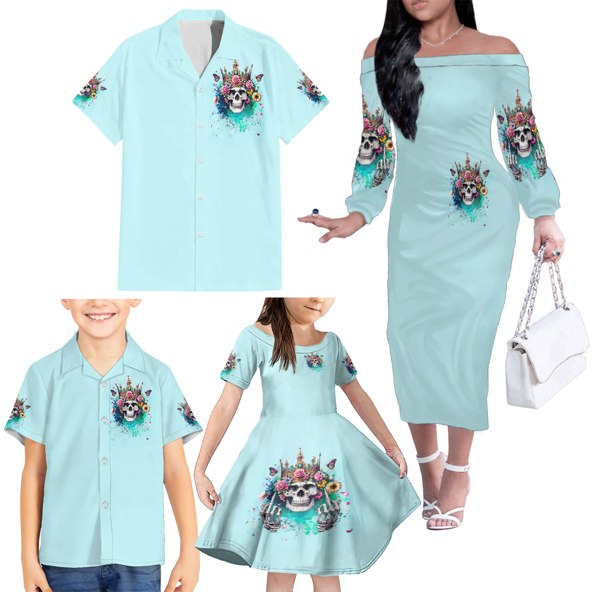 Skull Fairy Family Matching Off Shoulder Long Sleeve Dress and Hawaiian Shirt Bitch I'm Not A Princess I'm The Fucking Queen - Wonder Print Shop