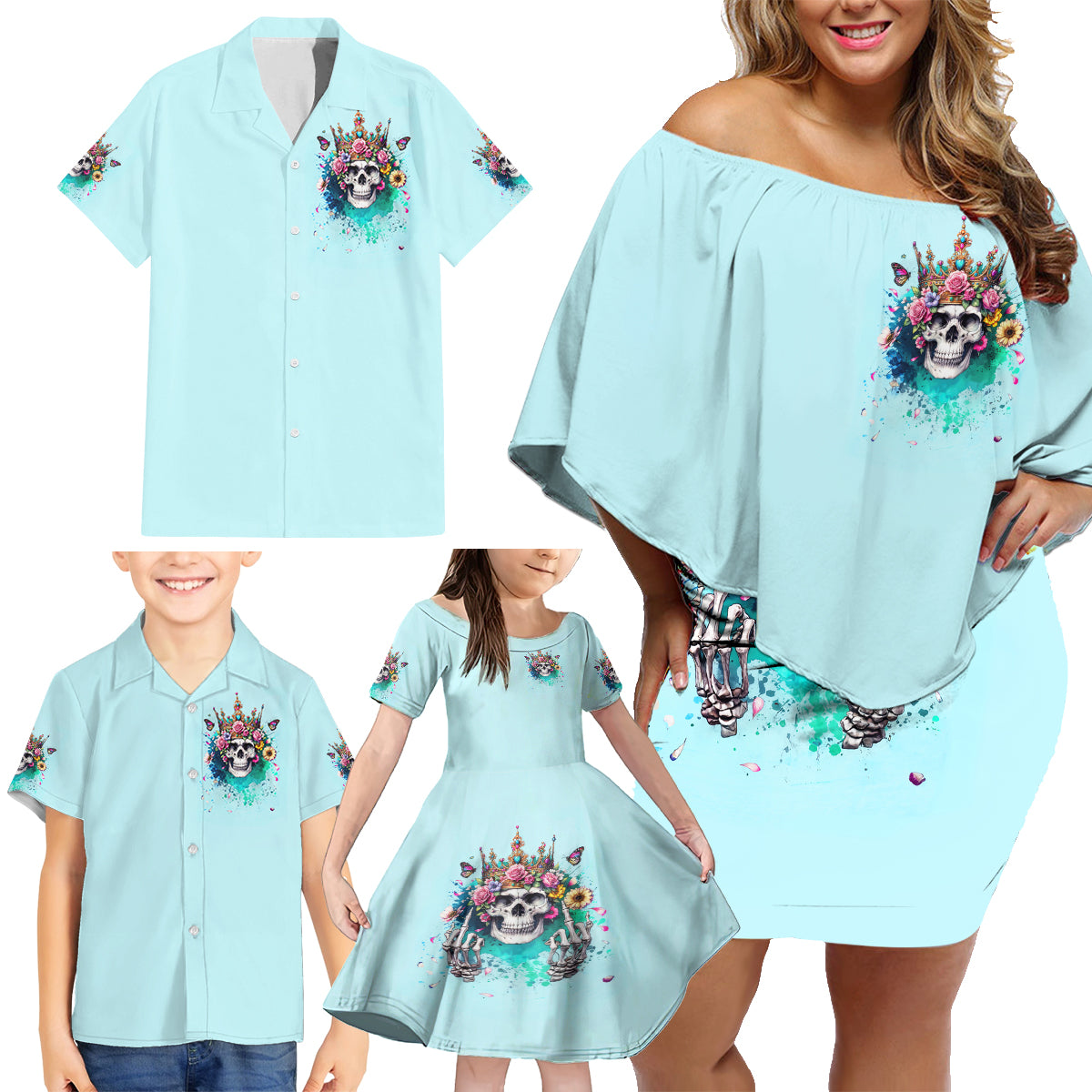 Skull Fairy Family Matching Off Shoulder Short Dress and Hawaiian Shirt Bitch I'm Not A Princess I'm The Fucking Queen - Wonder Print Shop