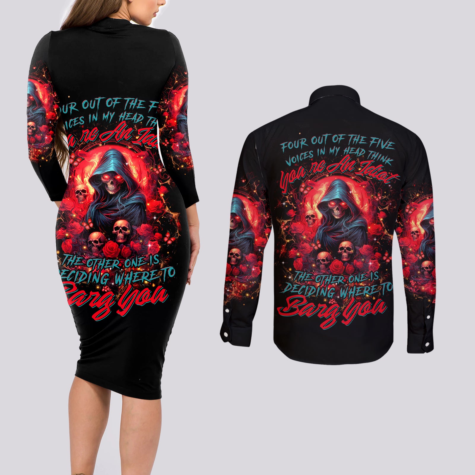 Rose Queen Couples Matching Long Sleeve Bodycon Dress and Long Sleeve Button Shirt Four Out Of The Five Voices In My Head Think You re An Idiot - Wonder Print Shop