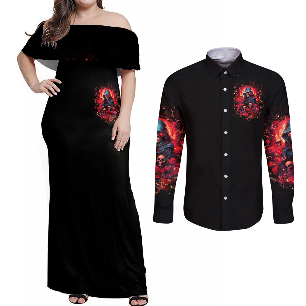 Rose Queen Couples Matching Off Shoulder Maxi Dress and Long Sleeve Button Shirt Four Out Of The Five Voices In My Head Think You re An Idiot - Wonder Print Shop